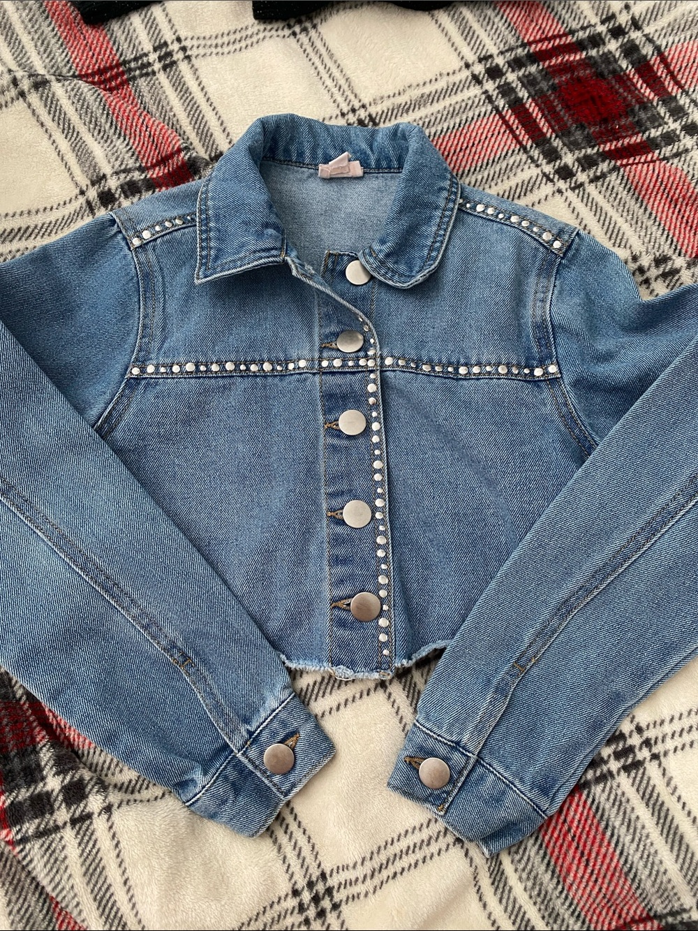 Girls' Blue Stud-Embellished Cropped Denim Jacket